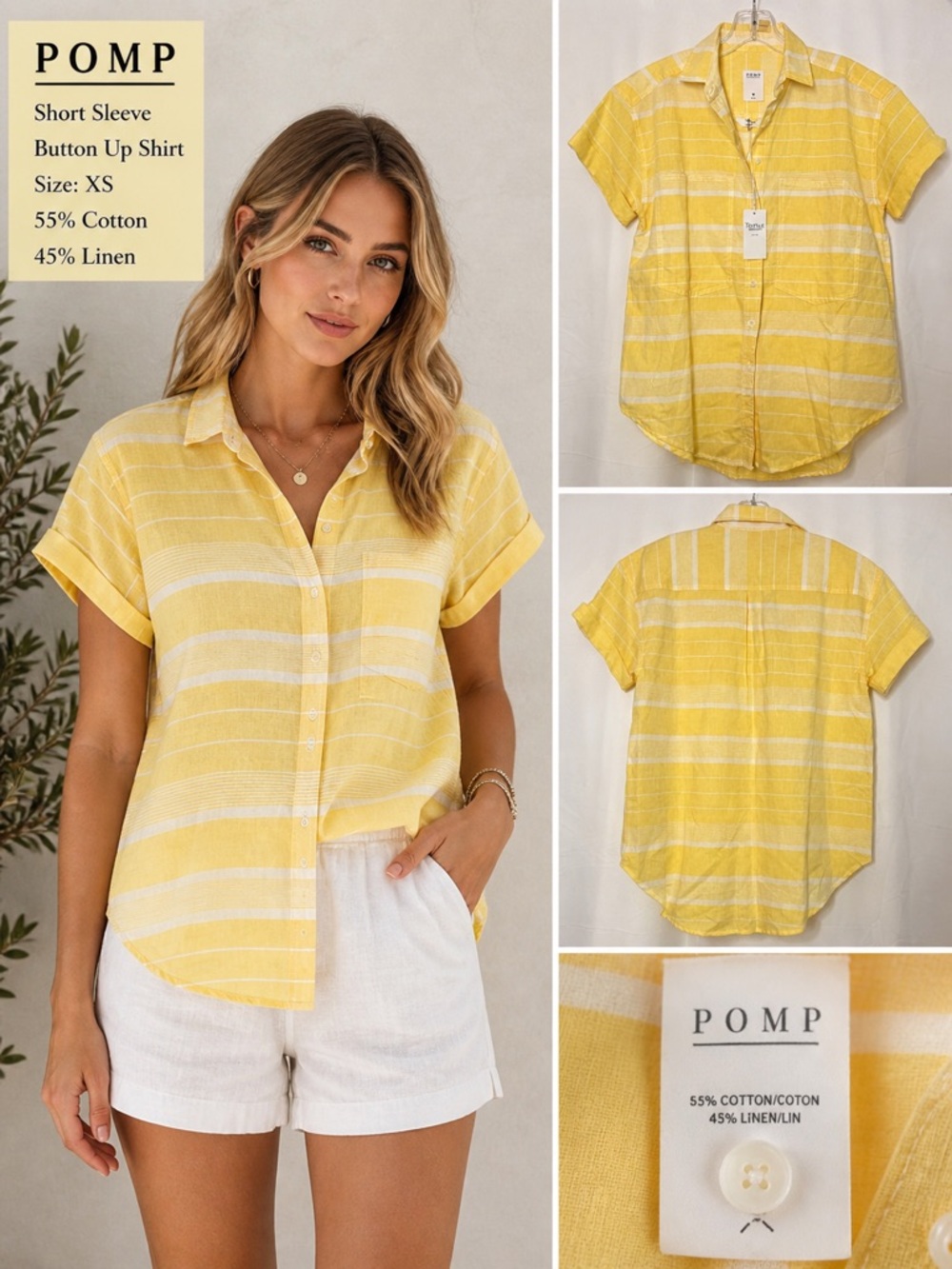 Women's Short Sleeve Yellow Stripe Button-Up Shirt